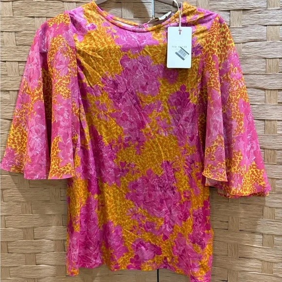 TED BAKER NWT Orange Pink Lilanya Floral print Woven Top size 1 Small Whimsical - Picture 3 of 7